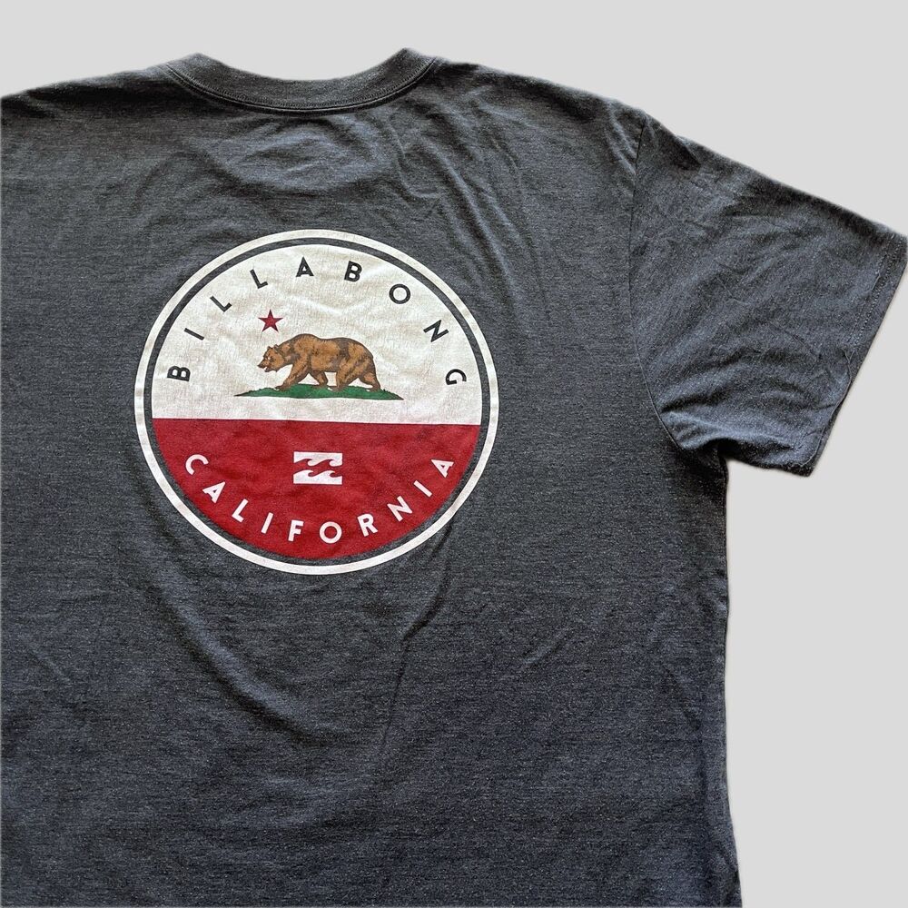 Billabong Gray Red Cotton Blend California Logo Surf T Shirt, Mens Size XL
